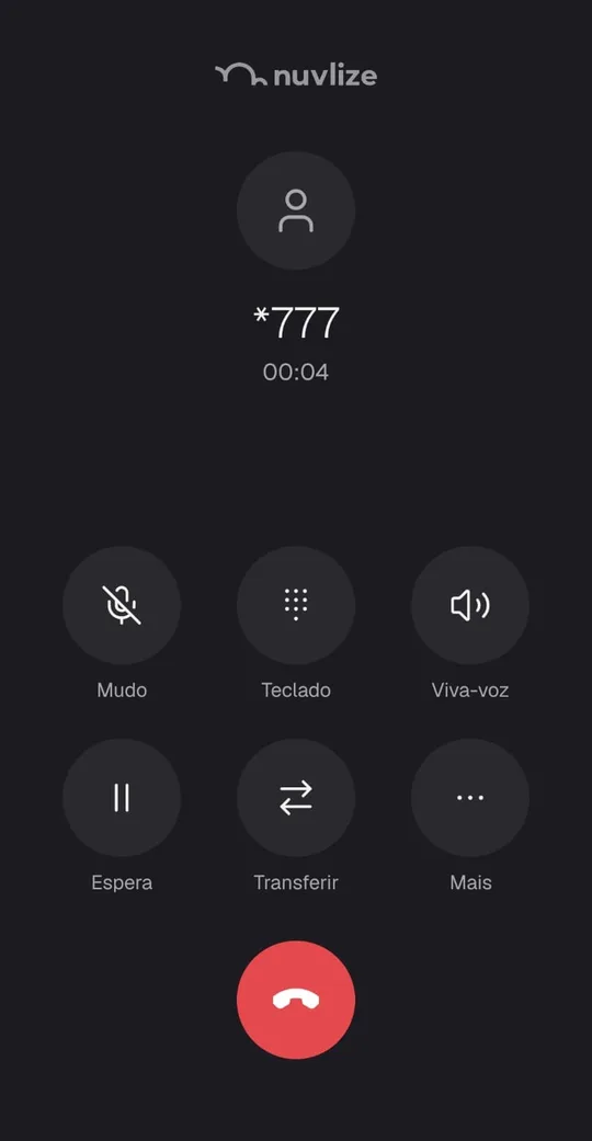 Ligação em andamento no app Nuvlize